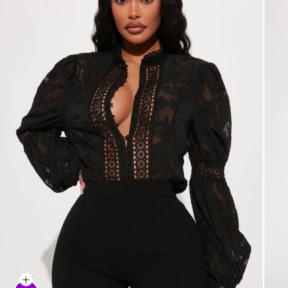 Fashion Nova Black Lace Sheer Long-Sleeve Blouse